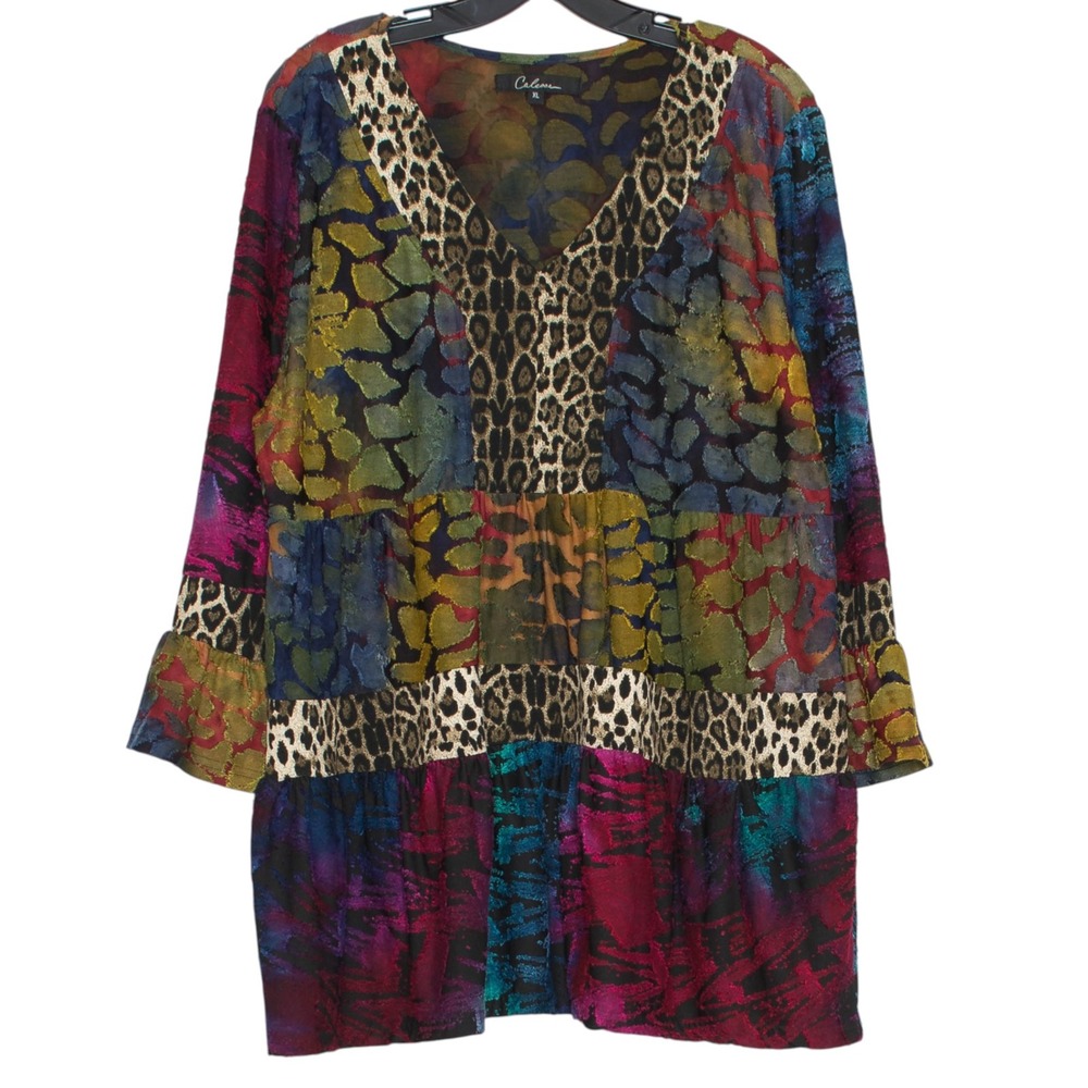 Calessa Tunic Top Patchwork Leopard Bell Sleeve Stretch Flowy Boho Maximalist XL